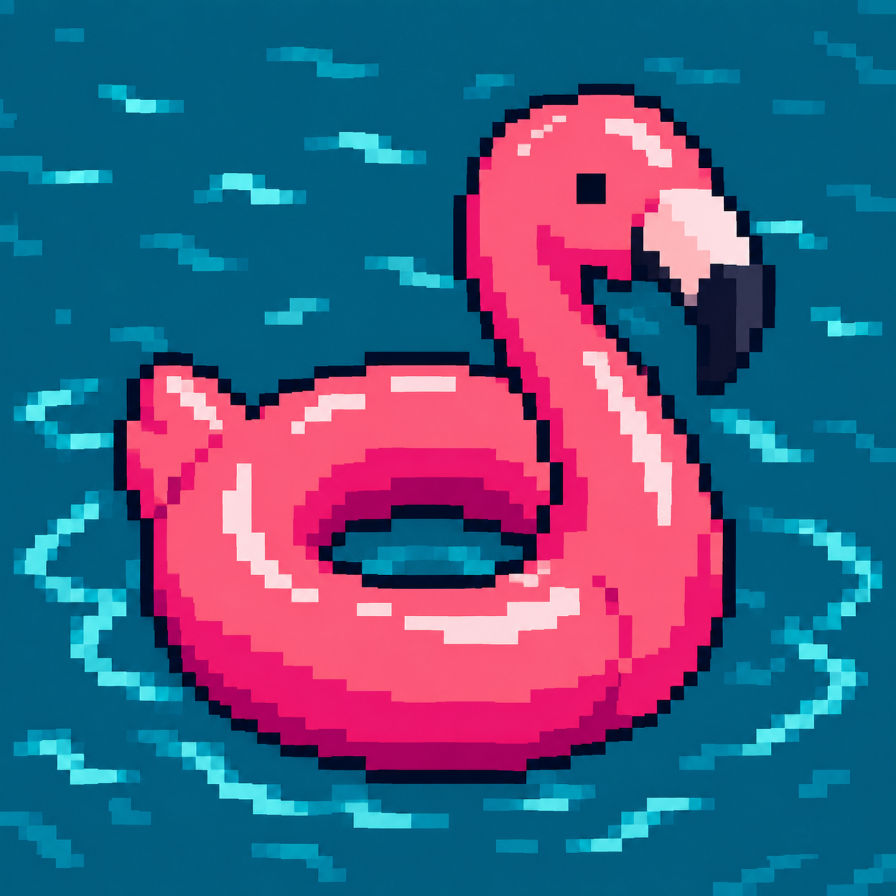 A bright pink pixel-art flamingo float resting on teal pool water